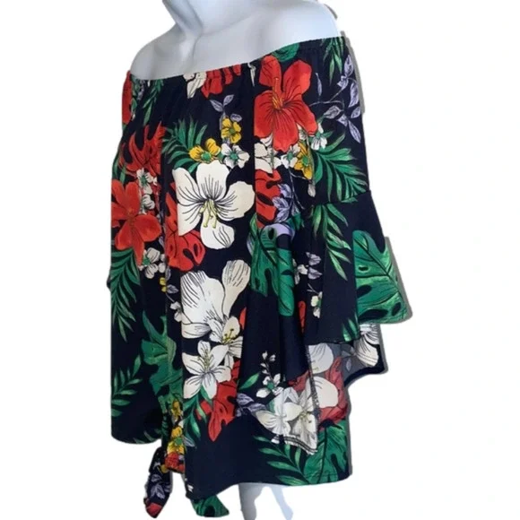 Off The shoulder Navy Floral Top Small Ruffle Tie Front Resort Feminine Tropical - Picture 6 of 10